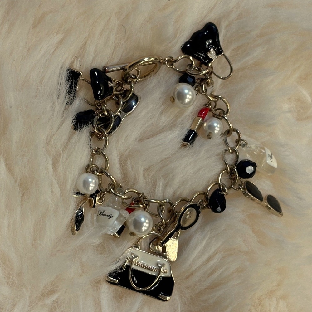 Gold Tone Fashion Beauty Charm Bracelet Lipstick Purse Pearl Toggle Clasp Girlie